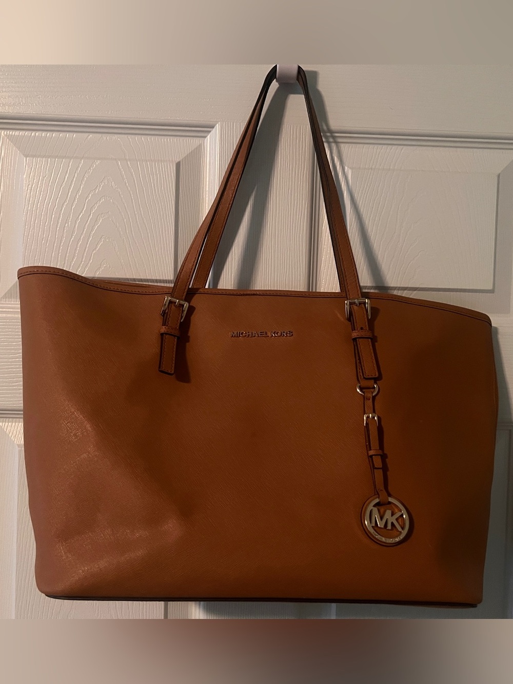 Michael Kors Tan Leather Saffiano Tote with MK Charm